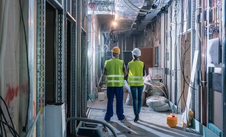 two workers wearing safety vests and hard hats